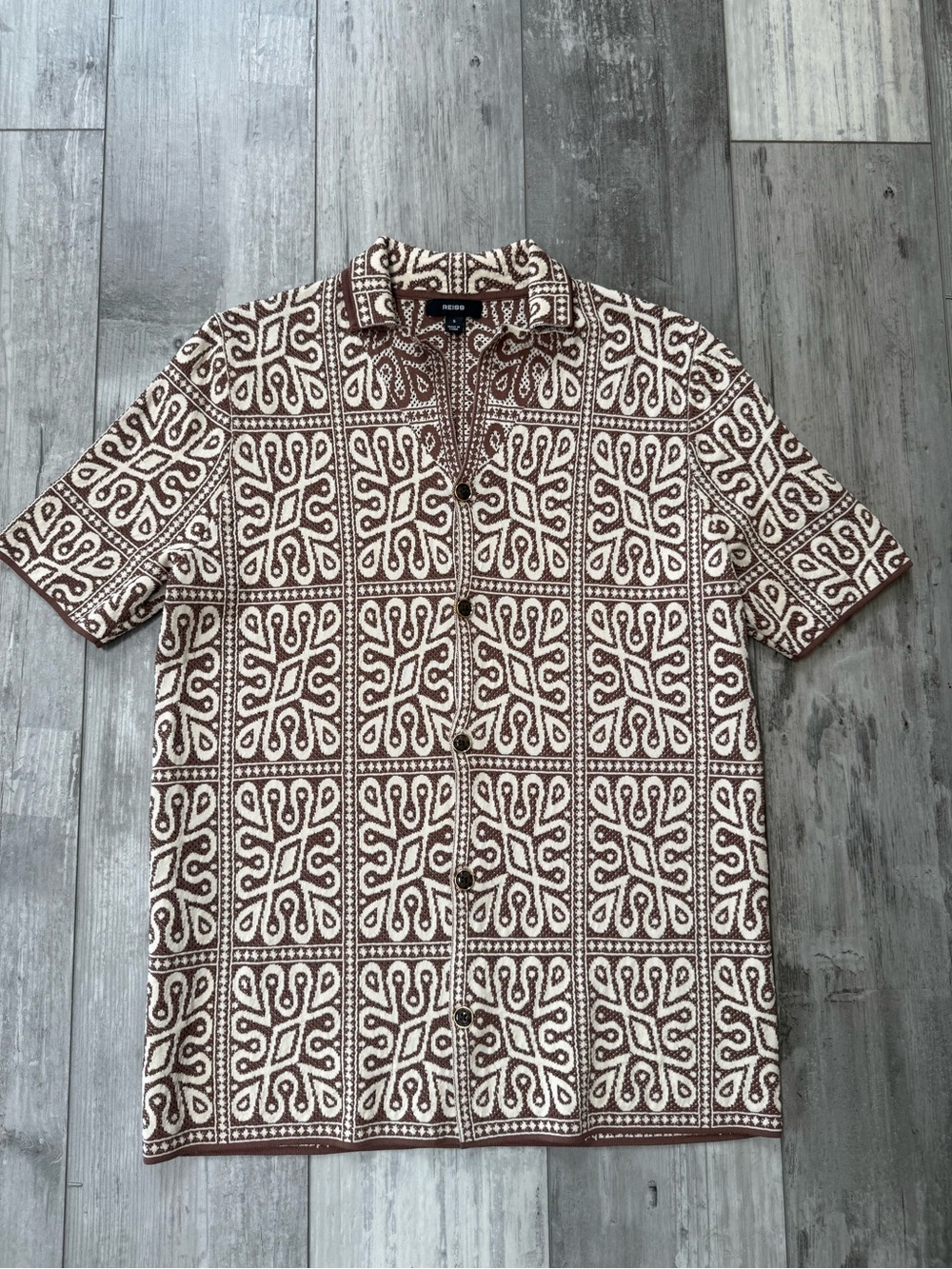 Reiss River Tile Pattern Knit Shirt Brown White Cuban Collar Men's Small - Picture 3 of 10